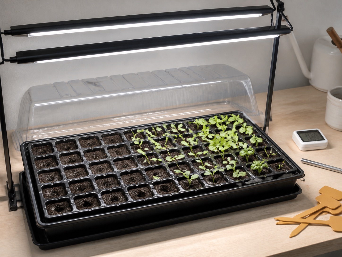 A clean 40-cell seedling tray under two white LED grow bars